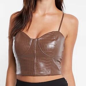 Express Body Contour Faux Leather Croc Embossed Crop Top Brown size L NWOT